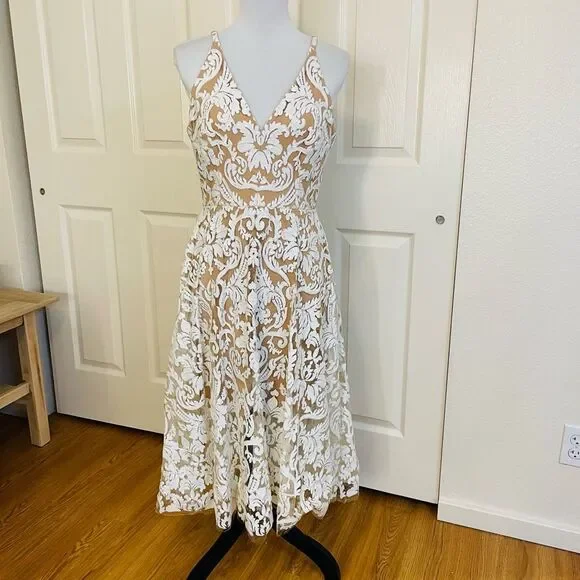 Dress The Population Blair Dress White Nude Sequin Lace Fit and Flare Dress  Size - eharrisgallery.com